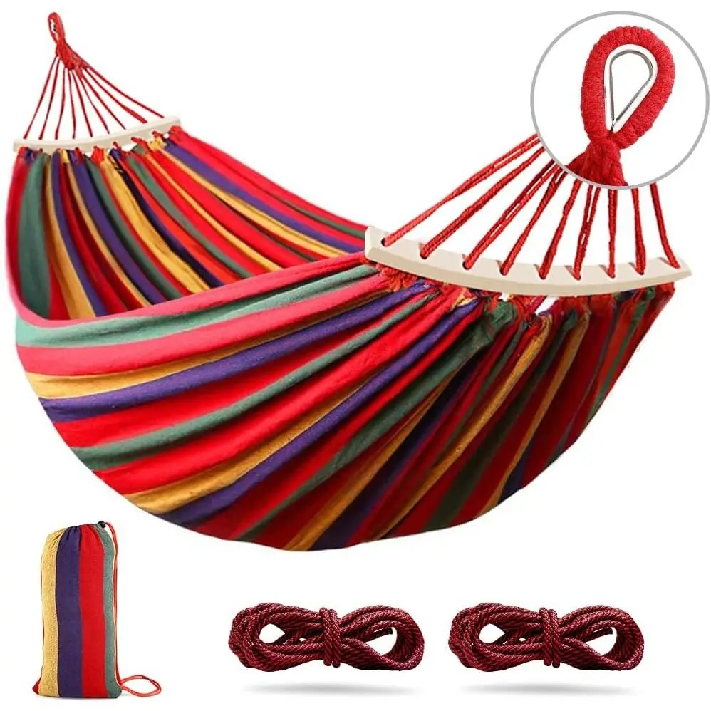 275 x 155 cm Camping Hammock, Hammocks Thickened Canvas Fabric with 550lb Load Capacity, Two Anti Roll Balance Beam and Sturdy Metal Knot Tree Straps for Travel, Beach, Backyard etc.