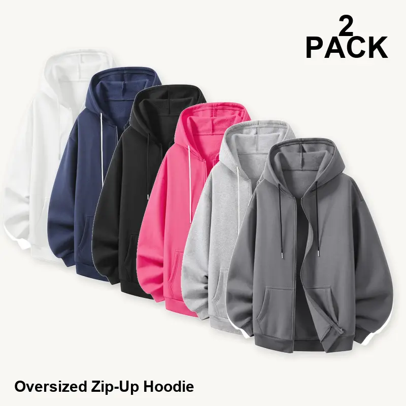 2-Pack Mixed Assorted Colors Men's Oversized Zip-Up Hoodies Set, Relaxed Fit Long Sleeve Drawstring Hooded Sweatshirts with Front Pockets, Sizes S-XXL, Everyday Layering, Assortment 61