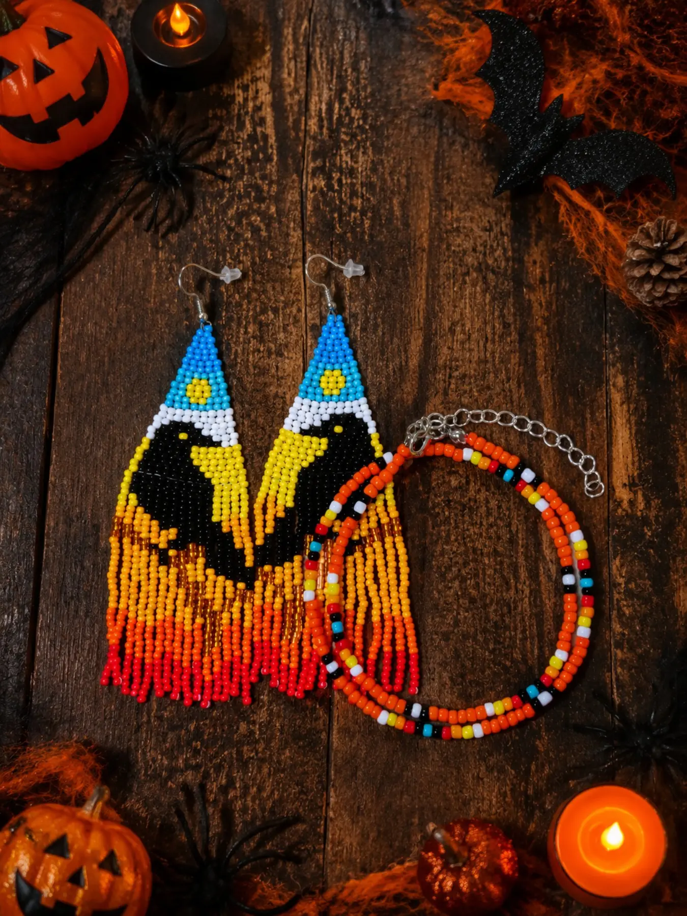 Handmade Halloween Seed Bead Earrings Bracelet Set, Boho Fringe Dangle Earrings, Crow Design, Colorful Beaded Jewelry, Festival Party Accessory, Versatile Earrings, Fashion Earrings