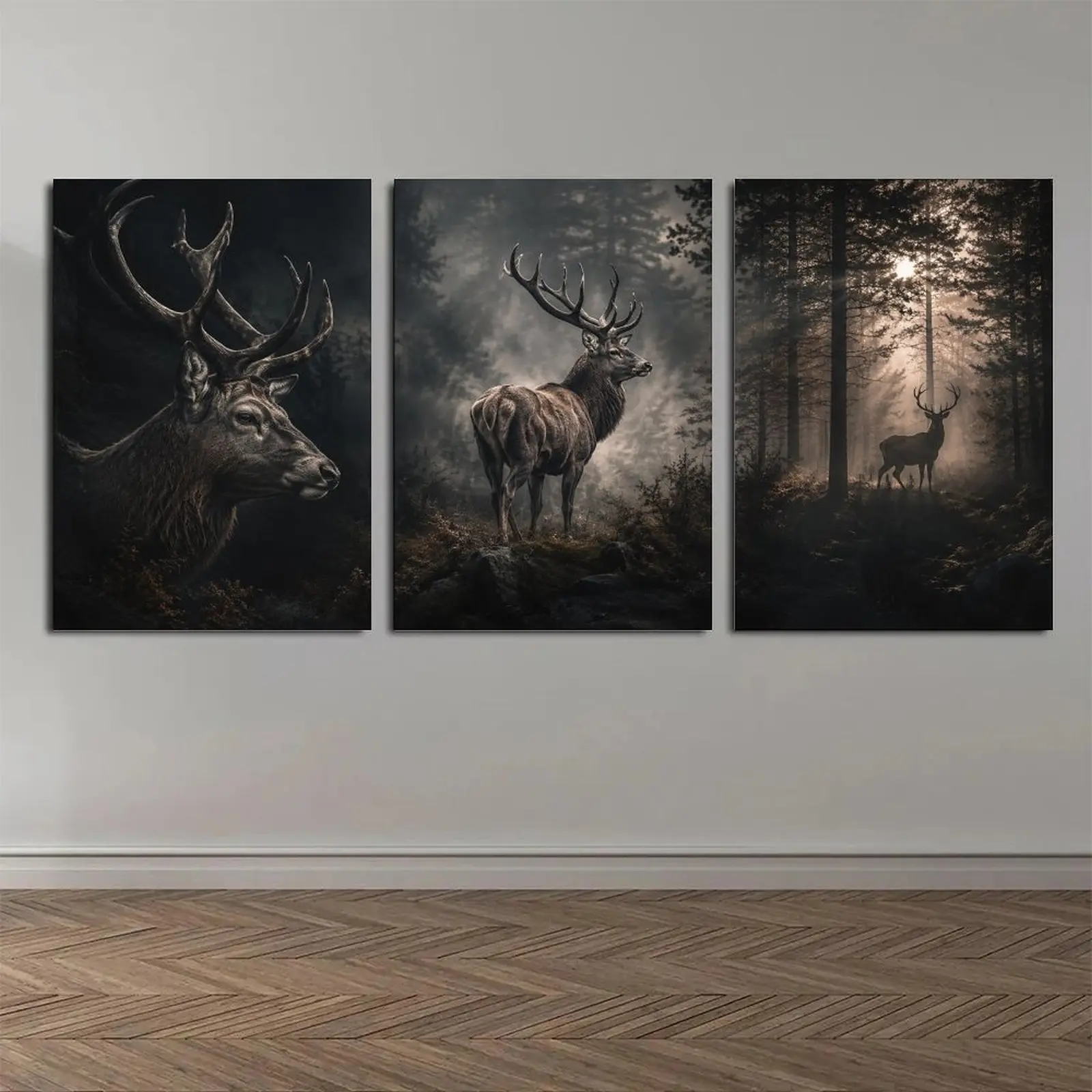 3Pcs Dark Misty Forest Stag Canvas Decor Poster Prints, Majestic Deer Wildlife Wall Art, Rustic Farmhouse Bedroom Living Room Office Dark Aesthetic Decor, Available as Unframed Canvas Poster or Framed Canvas Wrap