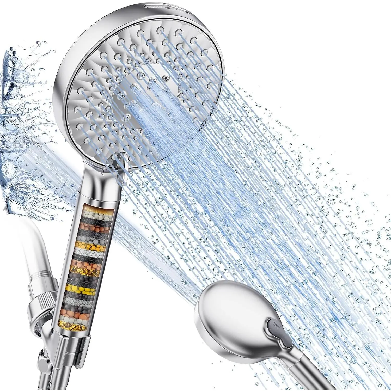 SR SUN RISE High Pressure Handheld Filtered Shower Head, 9 Spray Modes Detachable Showerhead with Water Softener Filter Beads, Removes Chlorine for Hard Water, 1 Filter Included, Chrome