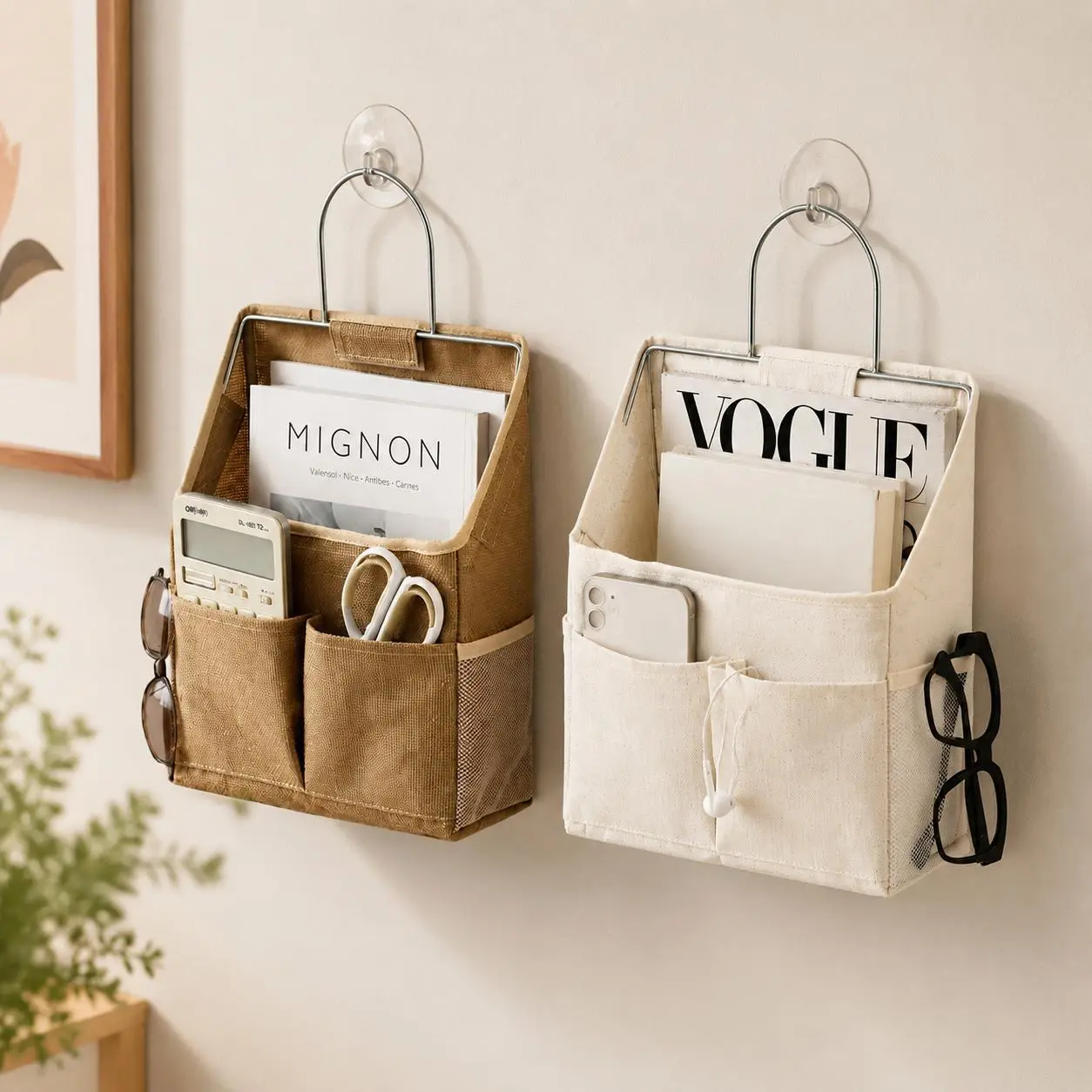 Cotton Linen Multi-Pocket Wall Mount Organizer - Stainless Steel Frame, Space-Saving Hangable Storage Bag with Easy Installation for Home Office
