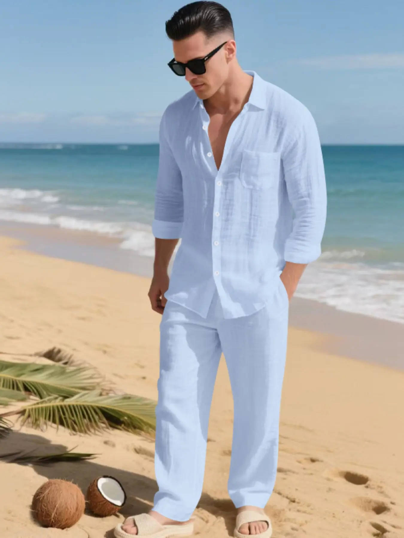 Men's Summer Linen Casual Loose Fit Beach Vacation Set, Outfit, Henry Hooded Long Sleeve Pants, Multicolor Sportswear, Comfortable and Stylish