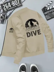 Diver and Shark Print Men's Hooded Casual Jacket, Long Sleeve, Slim-Fitting, All Seasons, Polyester Fiber