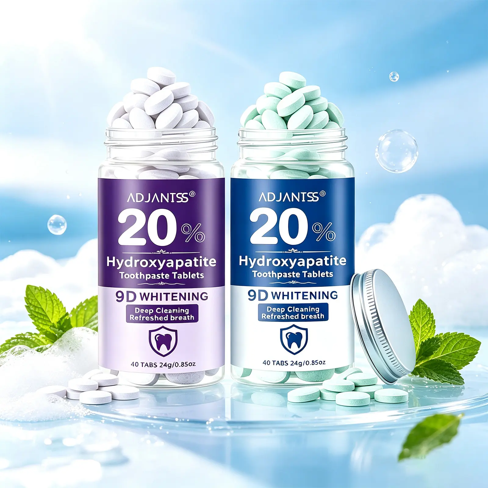 20% Hydroxyapatite Whitening Toothpaste Tablets, Oral Care, Fresh Breath, Brighten Teeth, Portable Travel Pack, Family Use, Deep Clean, 24g*2