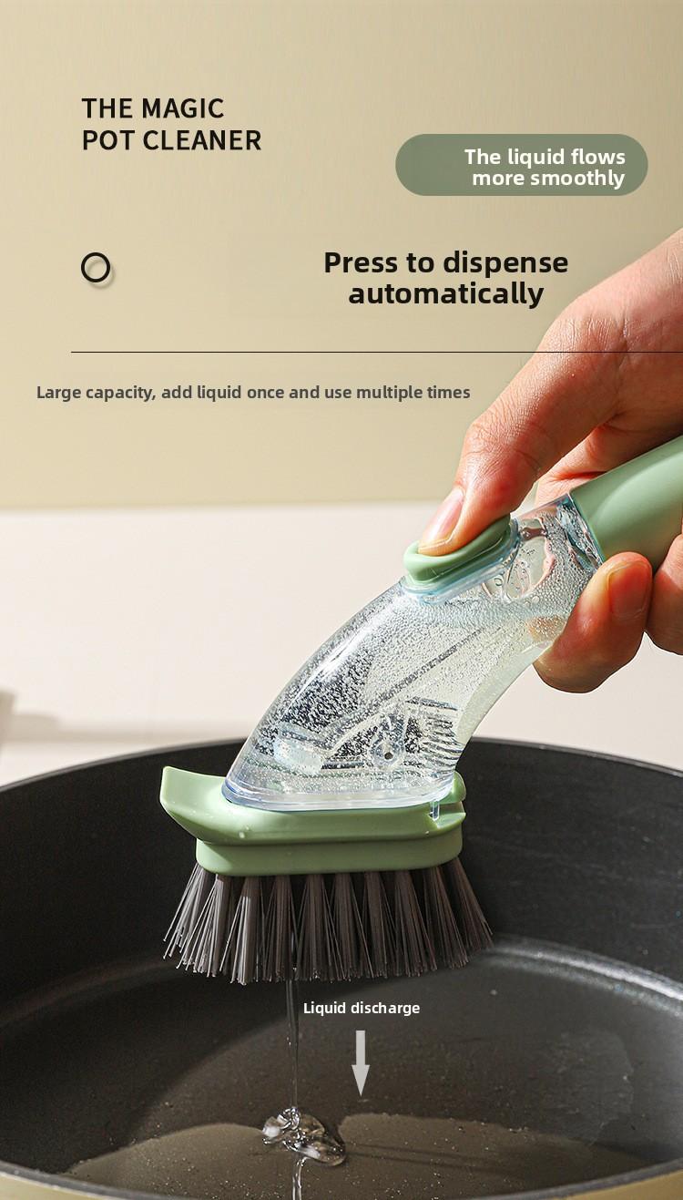 Long Handle Dish Brush Automatic Liquid Dispensing Scrubber Kitchen Stainless Steel Wire Cleaning Brush for Pots and Pans