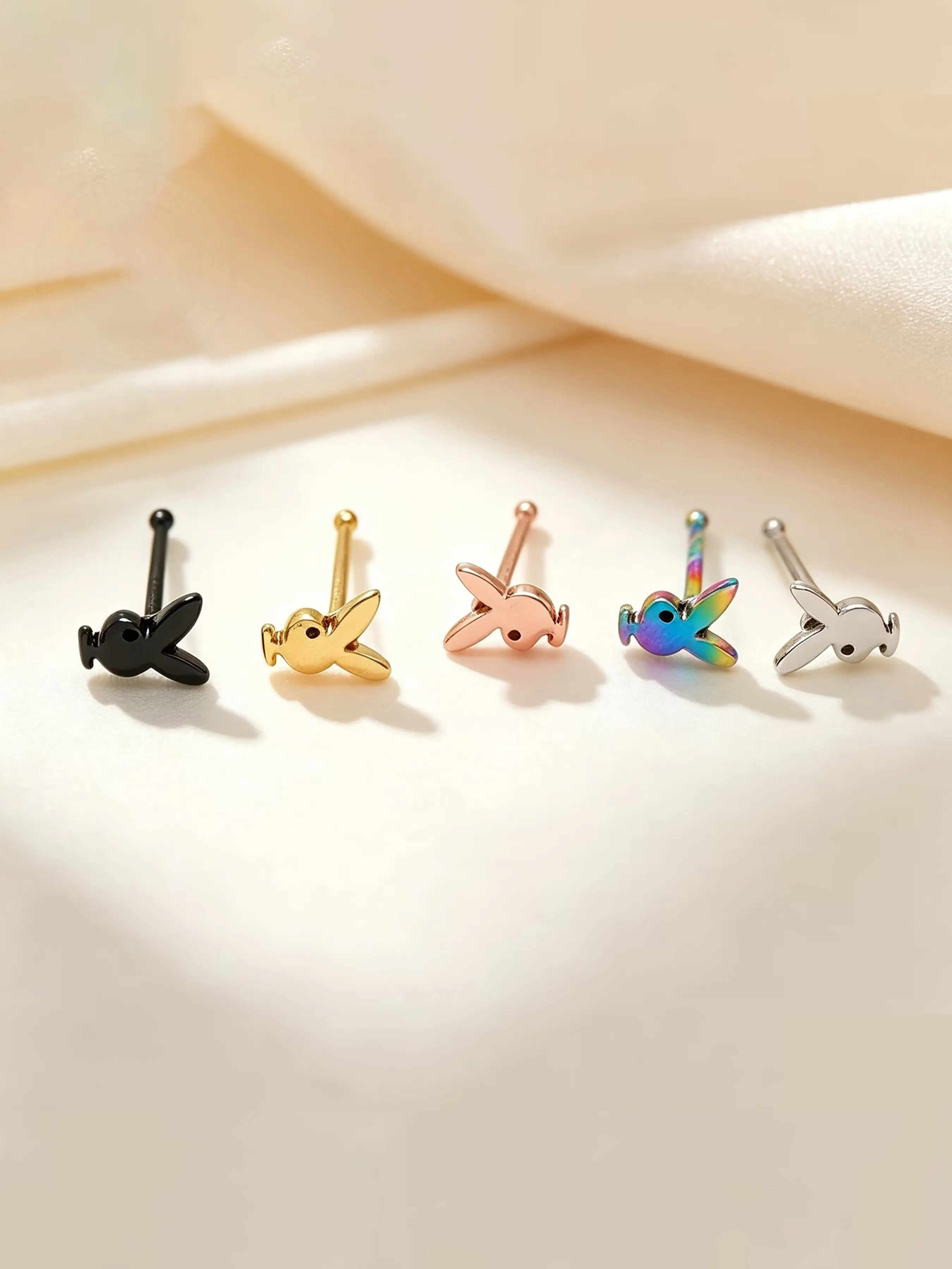 5 Pcs Multicolor 304 Stainless Steel Rabbit Nose Studs, Unisex Hypoallergenic Piercing Jewelry, Trendy Streetwear Accessories