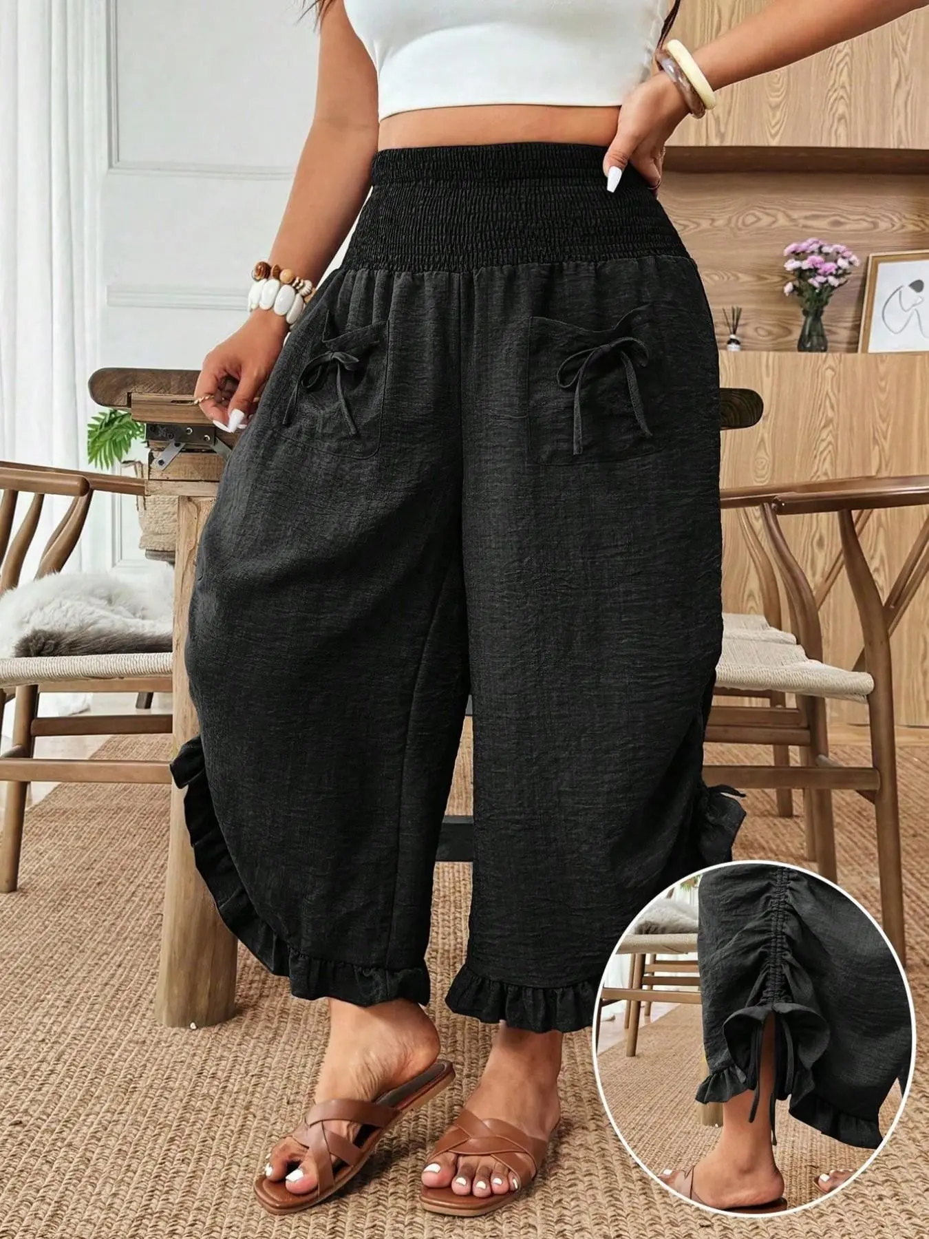 Plus Size Women's Wide Leg Pants, Casual High Waist Design, Butterfly Knot Pockets, Ruffled Hem, Loose Fit, Summer Daily Wear