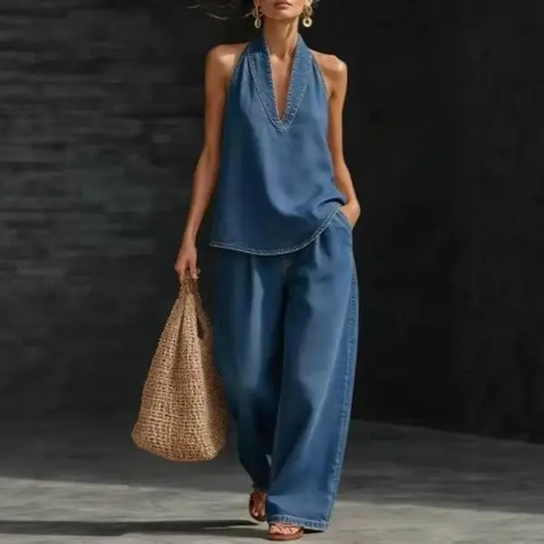 Women's 2-Piece Vintage Light Denim Set - Collared Long Sleeve Blouse, Elegant Wide-Leg Pants, All Seasons, Plus Size (3XL), Normal Fit Women's Clothing Set, Collared Neck, Blouse/Shirt