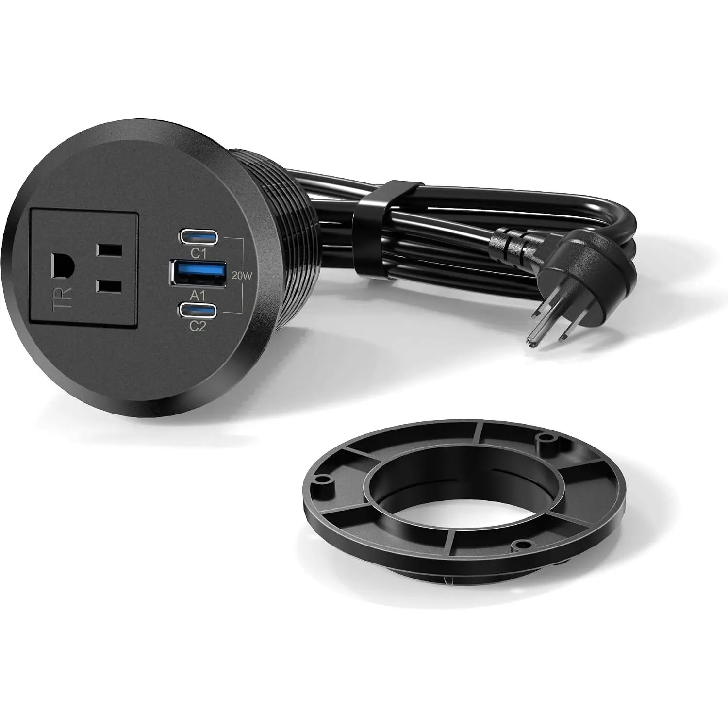 2 Inch Desk Power Grommet Outlet, 1AC Outlets, 3 USB (2 USB-C), Black, 6FT | 20W  USB C , Recessed Countertop Outlet for  Office and Conference Table, Easy Install