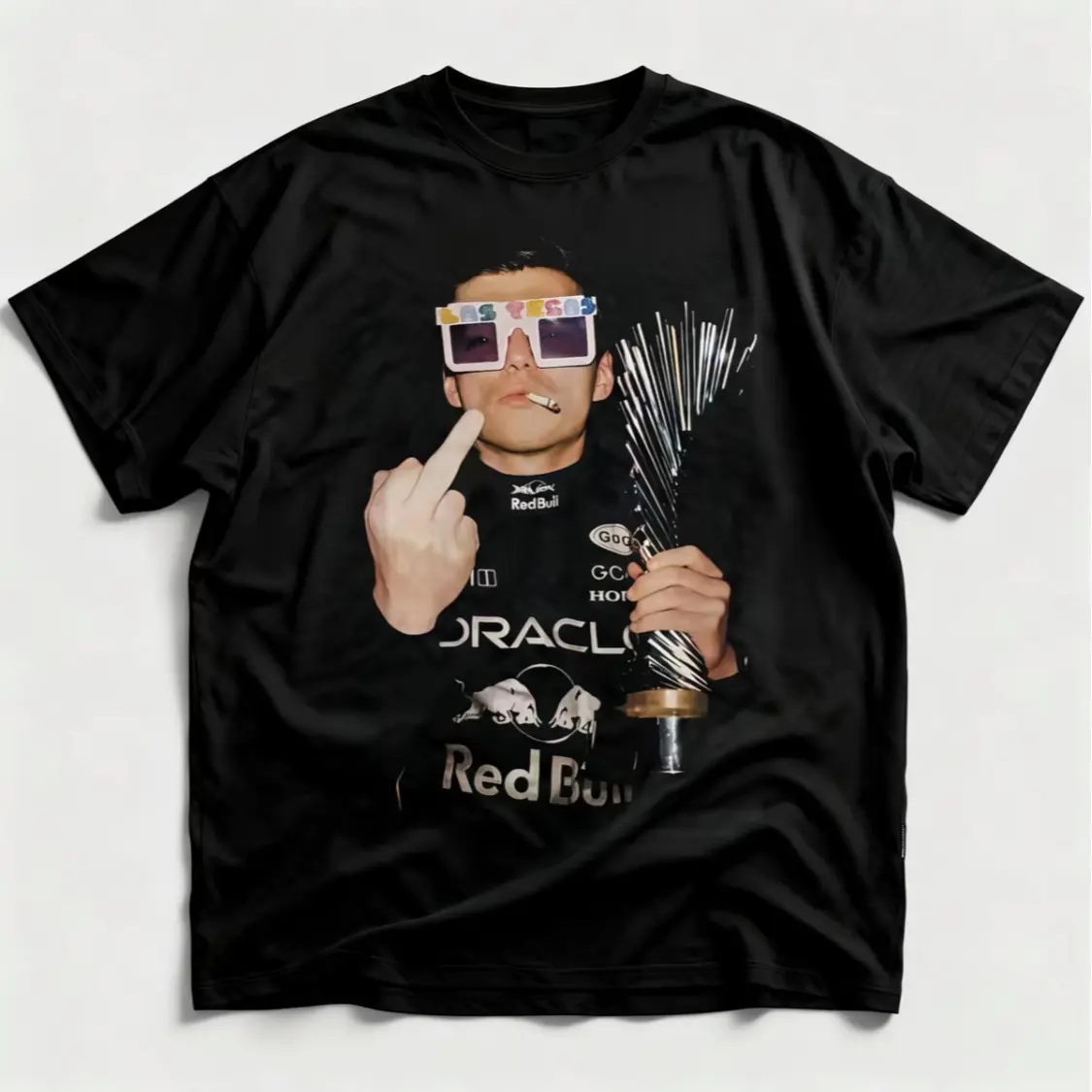 T-shirts 1 featuring the F1 celebrity duo, Max Verstappen (Las Vegas GP) and Lando Norris, making a victory gesture. Unisex