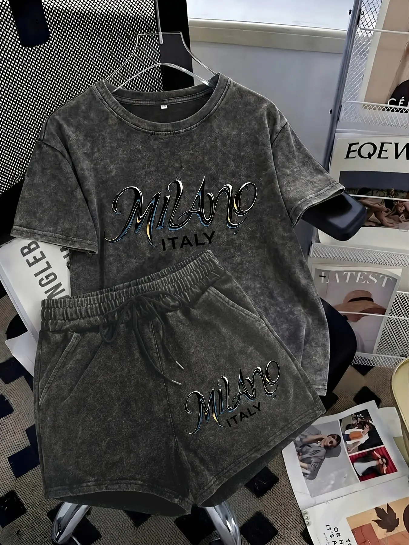 2-Piece Matching Set: Distressed Washed Finish, Round Neck with "Milan Art" Script Graphic. 90s American Streetwear Style. Heavyweight All-Cotton Fabric. Matching Prints on Top and Bottom. Suitable for Lounging or Casual Outings. Vintage