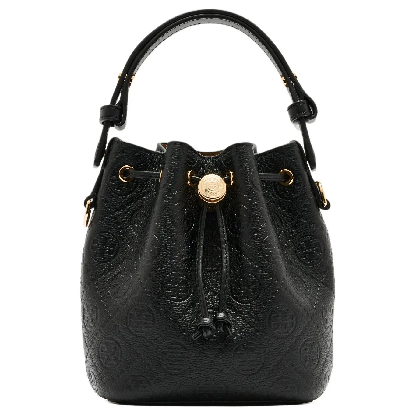 Tory Burch T Monogram Embossed Leather Bucket Bag for Women – Gold Hardware, Mini, Black