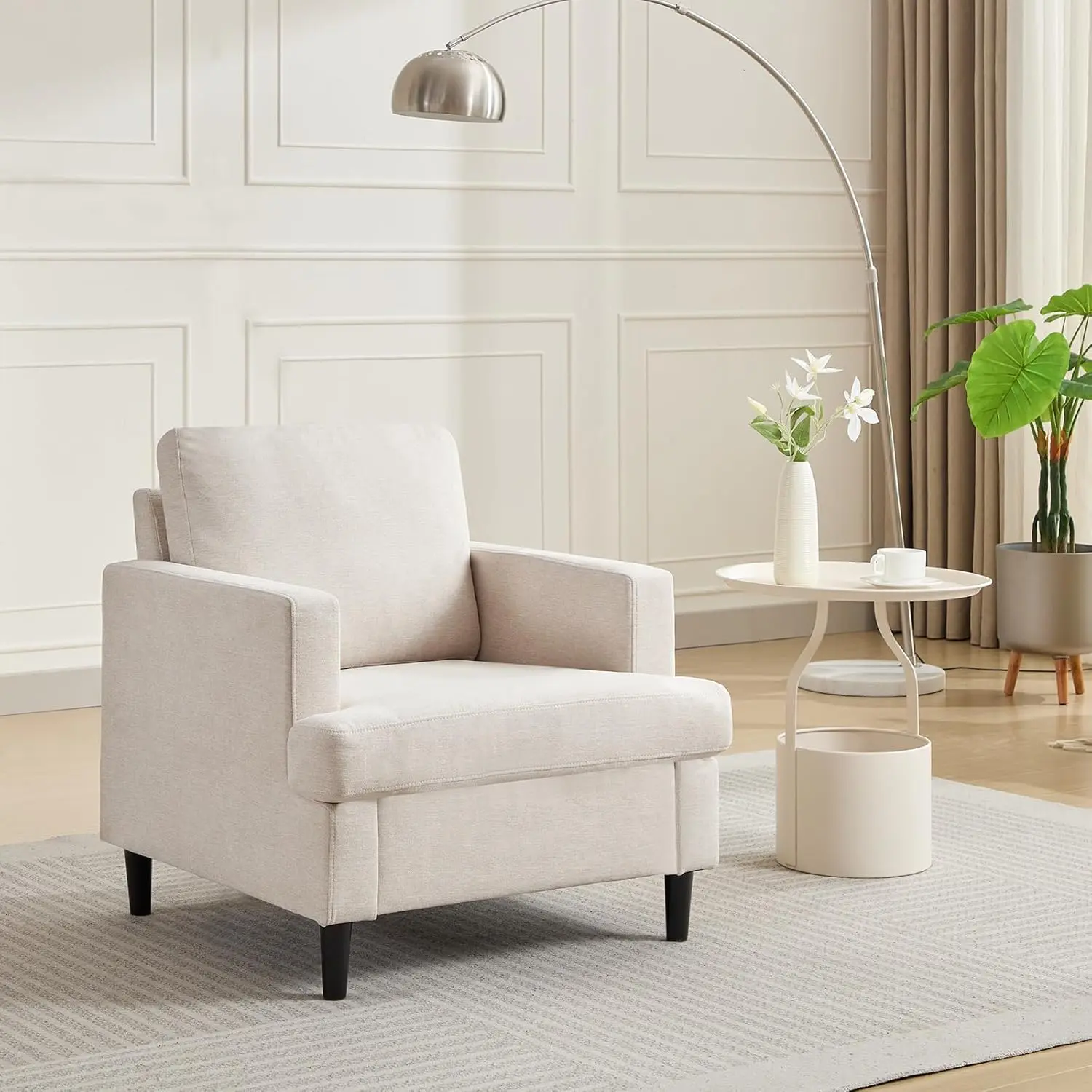 Garvee Mid-Century Modern Accent Armchair - Upholstered Linen Single Chair with Solid Wood Legs - Soft Backrest & High-Density Foam Cushion for Living Room, Bedroom, Office, or Nook