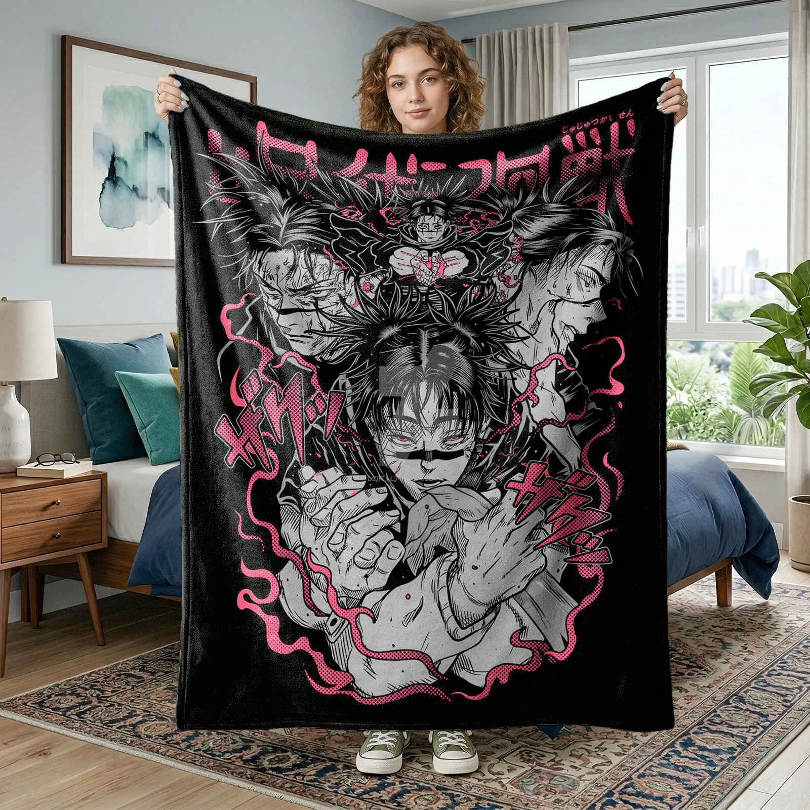 1pc Jujutsu Kaisen Choso Dark Manga Fleece Blanket, Black Background Grey Anime Character, Hot Pink Curse Mark Japanese Comic Text Print. Soft Warm Multi-use Throw for Sofa, Bed, Office, Camping, Ideal Christmas Blanket Gifts.