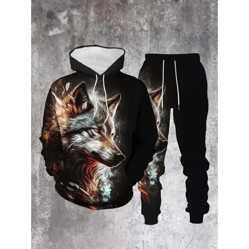 Men's Wolf Print Hoodie & Sweatpants Set, Sporty Streetwear, Polyester Blend, Perfect for Spring & Fall Seasons
