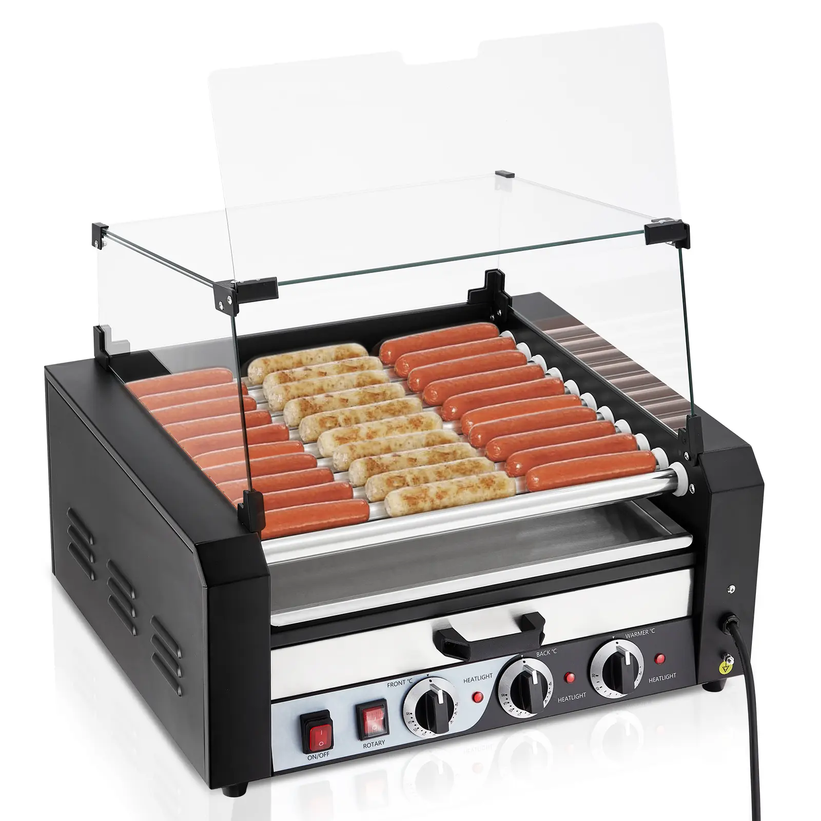 Hot Dog Roller 11 Rollers 30 Hot Dogs Capacity,1950W, Dual Temperature Controls, Removable Drip Tray, Glass Hood & Bun Warmer for Restaurants Parties