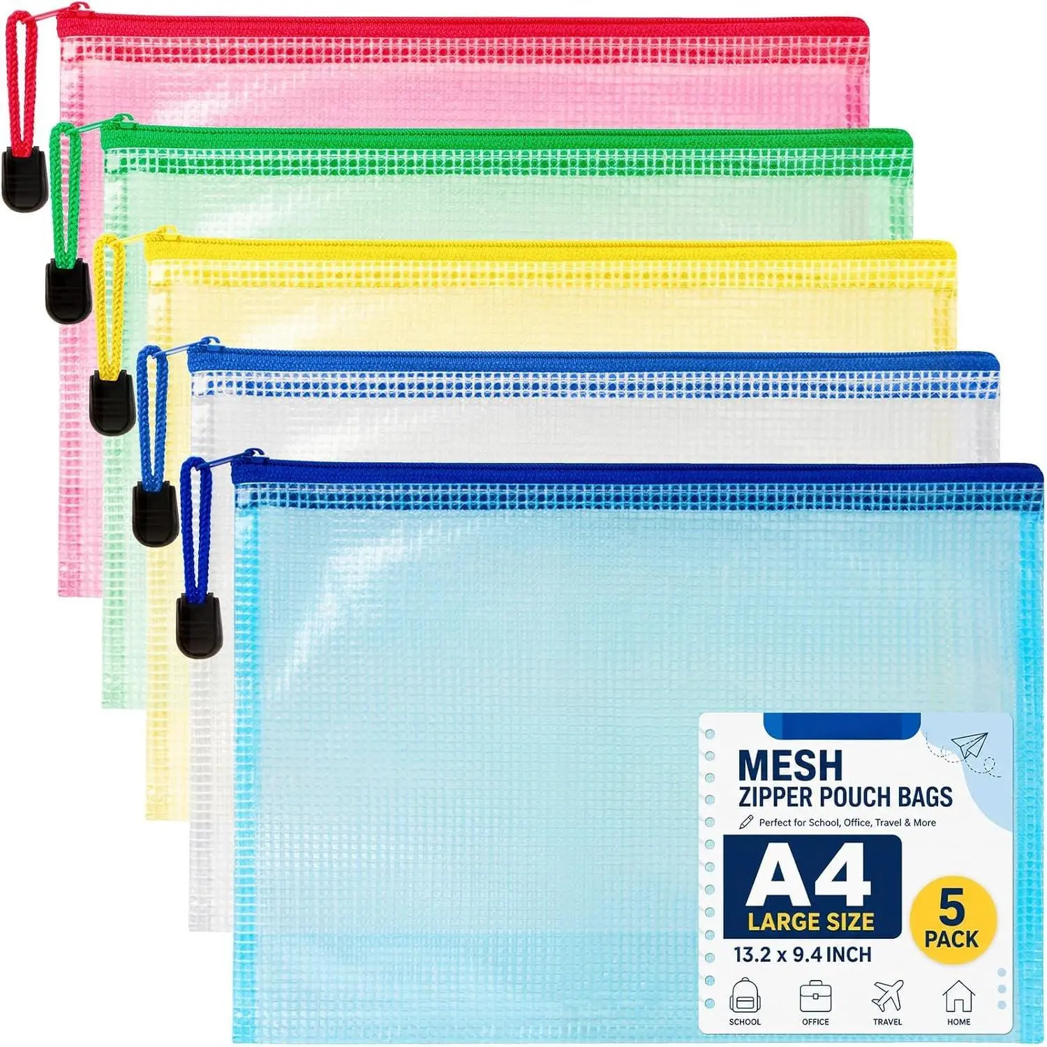 Mesh Zipper Pouch Bags - 5 Pack Large  Zipper Bags 13.2 x 9.4 Inch Clear Mesh Storage Pouches  Colors for , Office, Travel, Puzzles, , Accessories