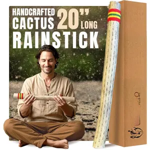 20" Cactus Rainstick from Chile - Authentic Handcrafted Rain Stick Musical Instrument with Rasta Yarn Wrap and Durable Sealant