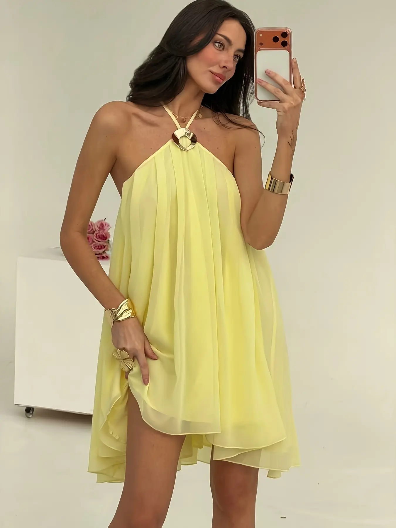 Halter Mini Dress Sleeveless Casual Cute Fashion Featuring Metal Ring Neck Detail Loose Flowy Chiffon Fabric For Summer Beach Vacation