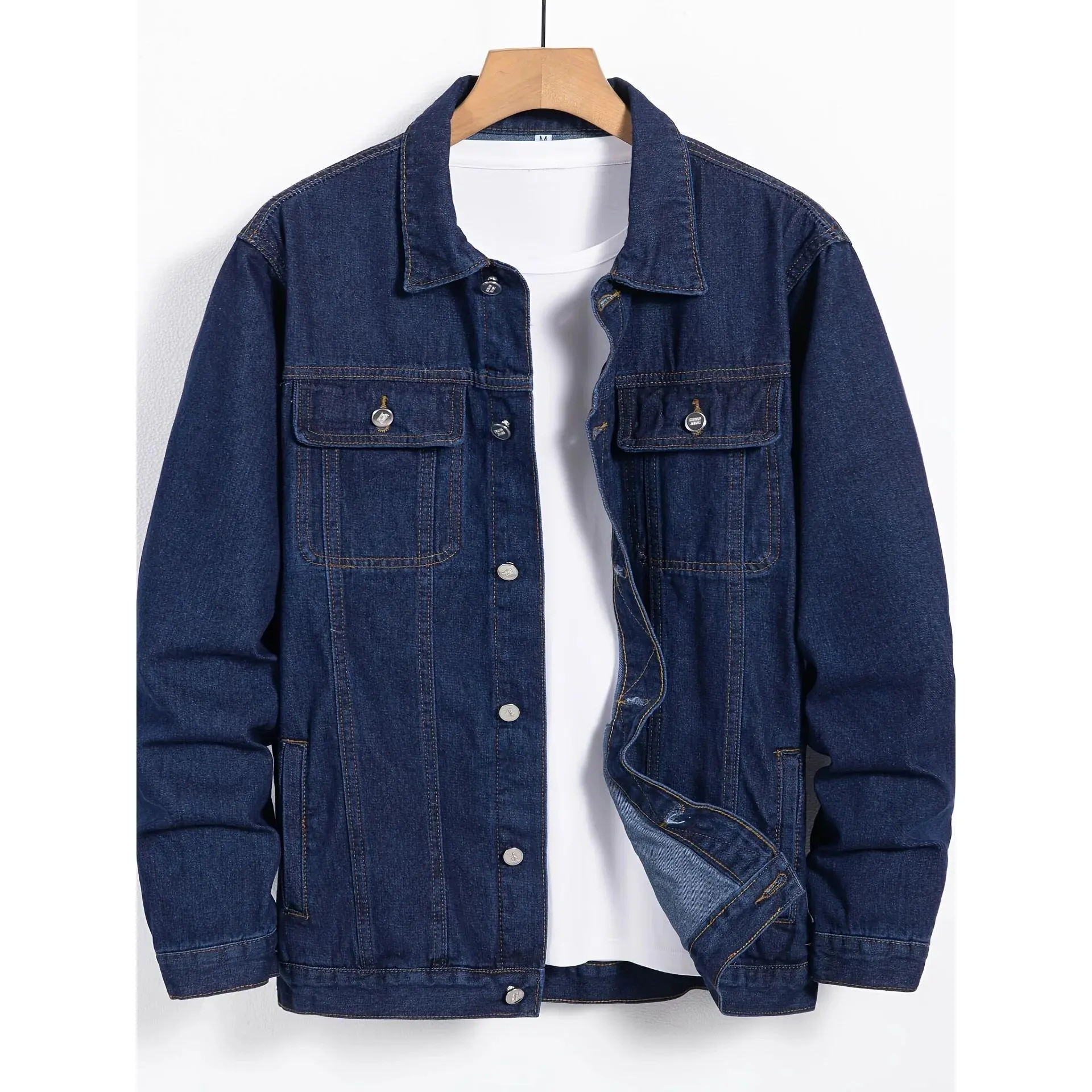 Men's Vintage Denim Jacket - Traditional Indigo Cotton Trucker Coat, Long-Sleeve Button-Front Top with Cargo Flap Pockets for Casual Streetwear & Outdoor Everyday Use, Plain, All-Season, Coats, Washed Look