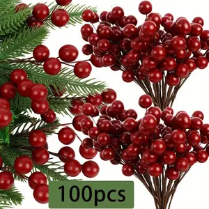 100pcs Artificial Holly Berries for Souvenir Display, Mini Fake Berries on Wire for Christmas Tree Decorations, Flower Wreath DIY Craft Use