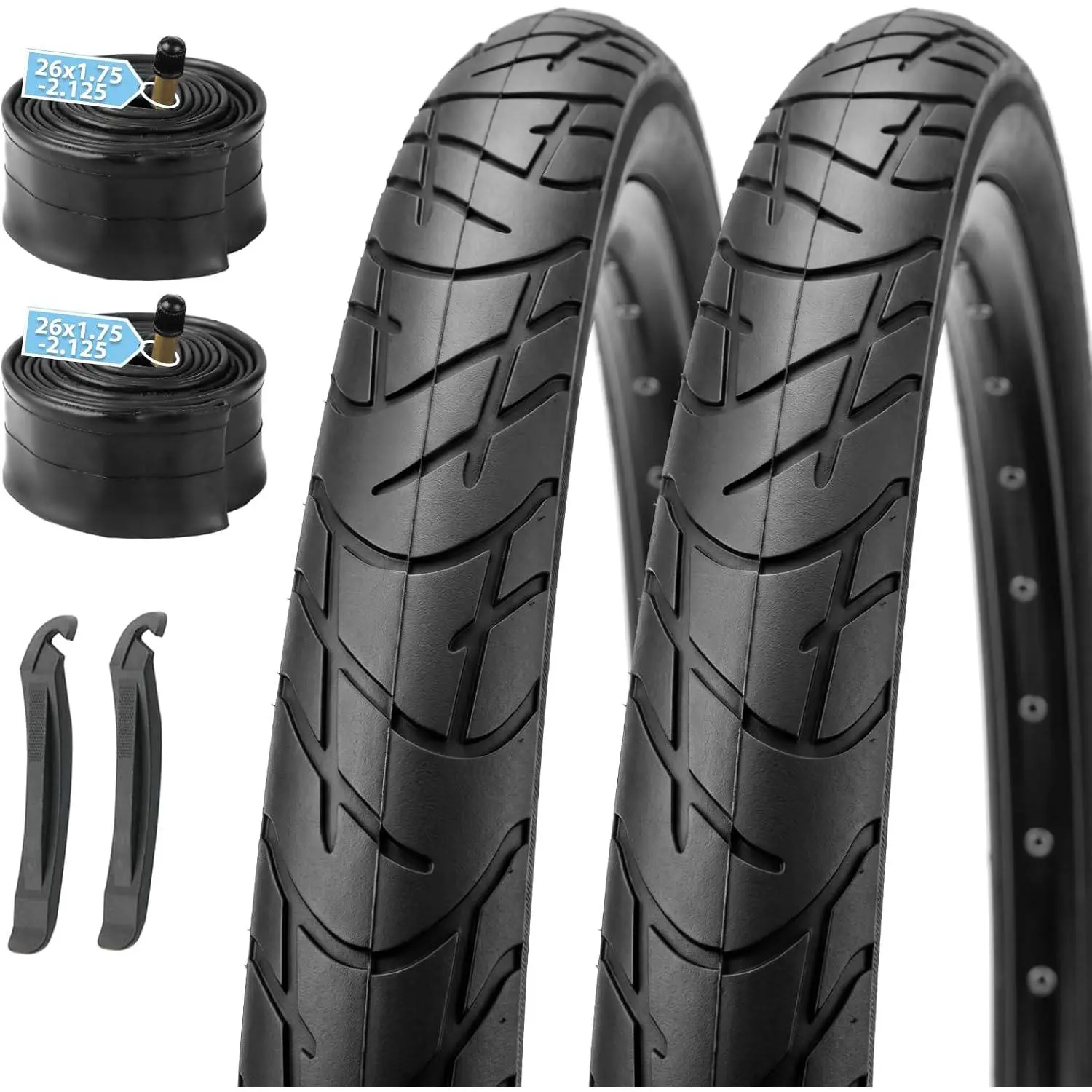 24/26x2.125 Hybrid Bike Tires Set with Tubes & Levers 2 Pack| Foldable Tire Design,Semi-Slick Hybrid Tread for Efficient Commuting, Wet Roads And Light Gravel