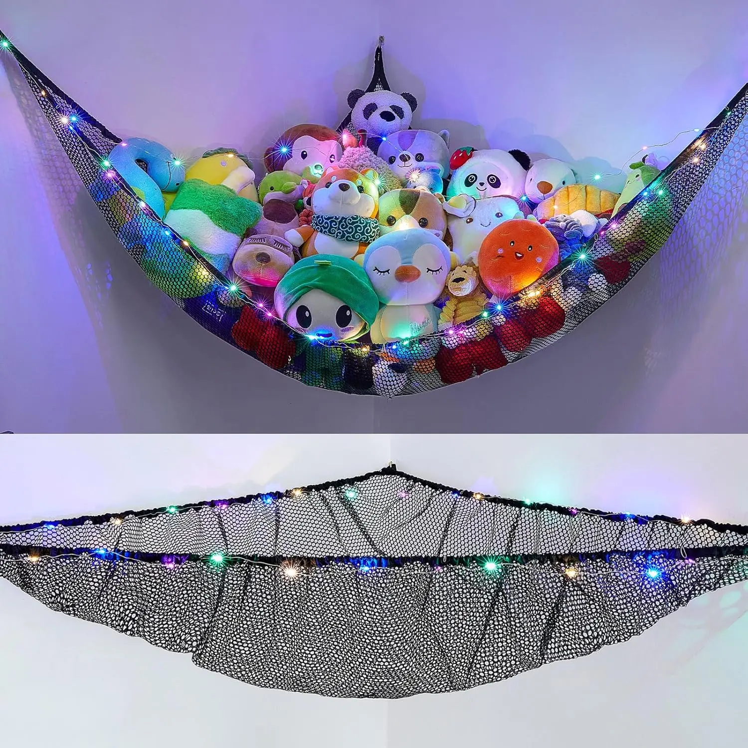 Large Black Hammock-Shape Stuffed Animal Storage Organizer with LED Lights - Baby & Kids Room Corner Holder (Pack of 1)