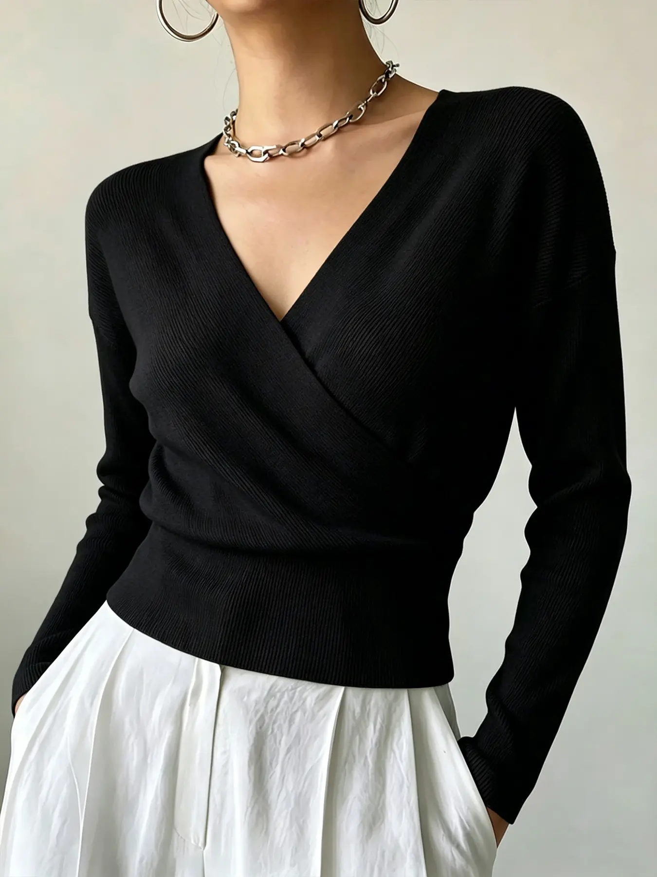 Women's Ribbed Knit Sweater Top, Cross V-Neck Long Sleeve Pullover, Elegant Waist Cinch Short Top, Casual Daily Wear, Breathable Slim Fit