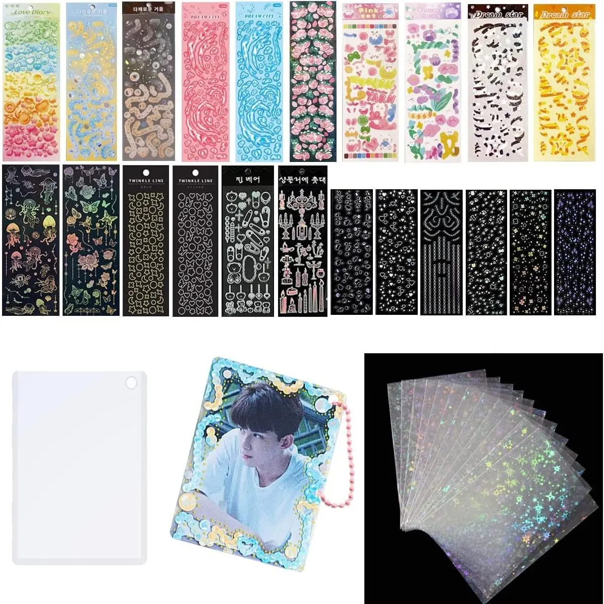 6 Pcs Photocard Holder Keychain Toploaders, 50 Pcs Holographic Card Sleeves for Kpop Trading Cards, 22 Pcs Ribbon Heart Bubble Korean Deco Stickers for Photocard Binder