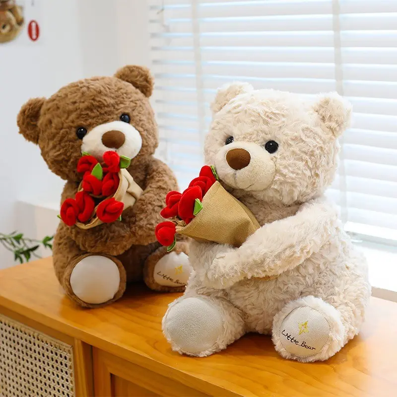 Roses Bear Plush Toy, Teddy Bear Holding Flowers, Soft Stuffed Animal Doll, Valentine's Day Gift, Cute Cartoon Design, Perfect Present