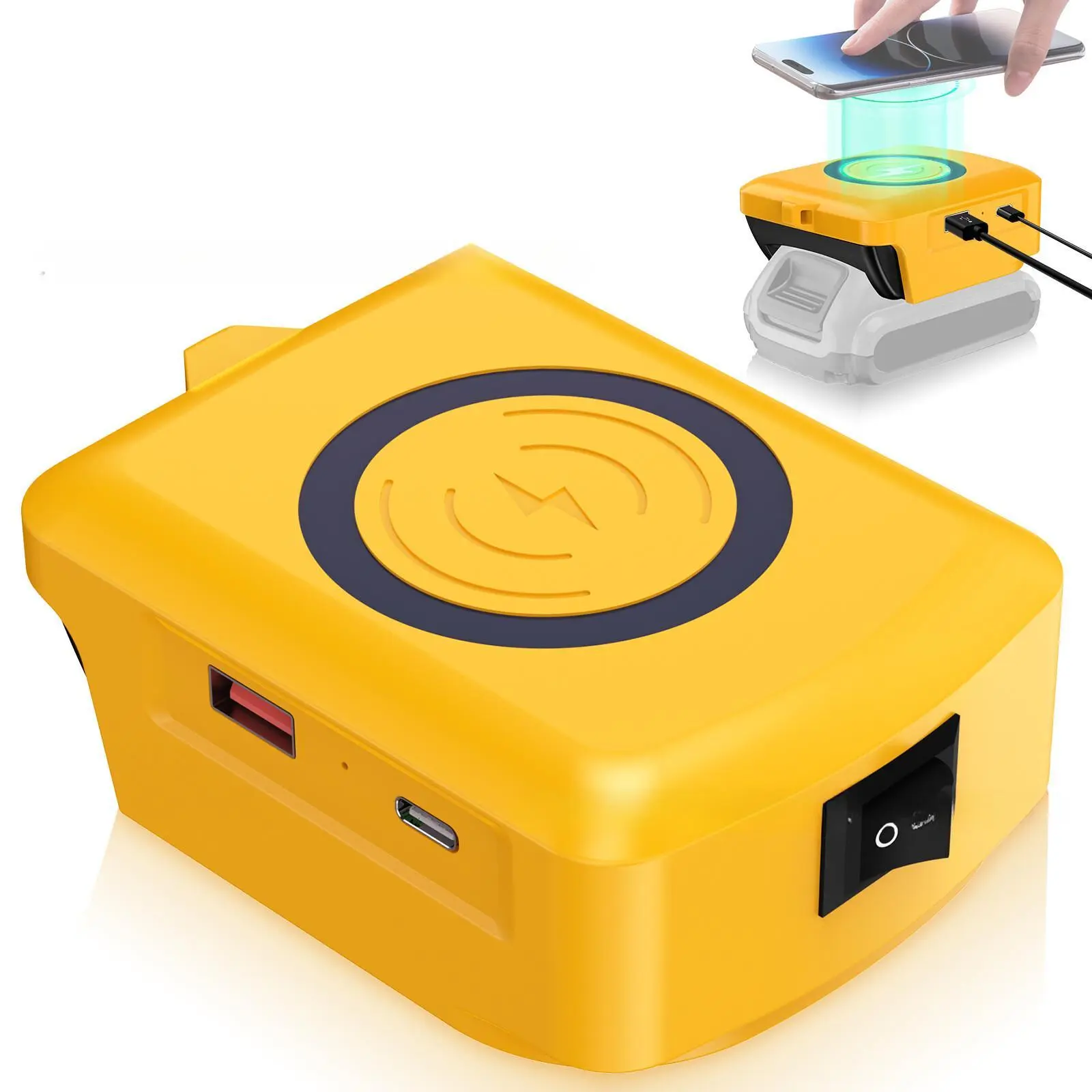 15W Wireless Charger Adapter for Dewalt 20V Battery with Type C & USB 2.1A Fast Charge Ports