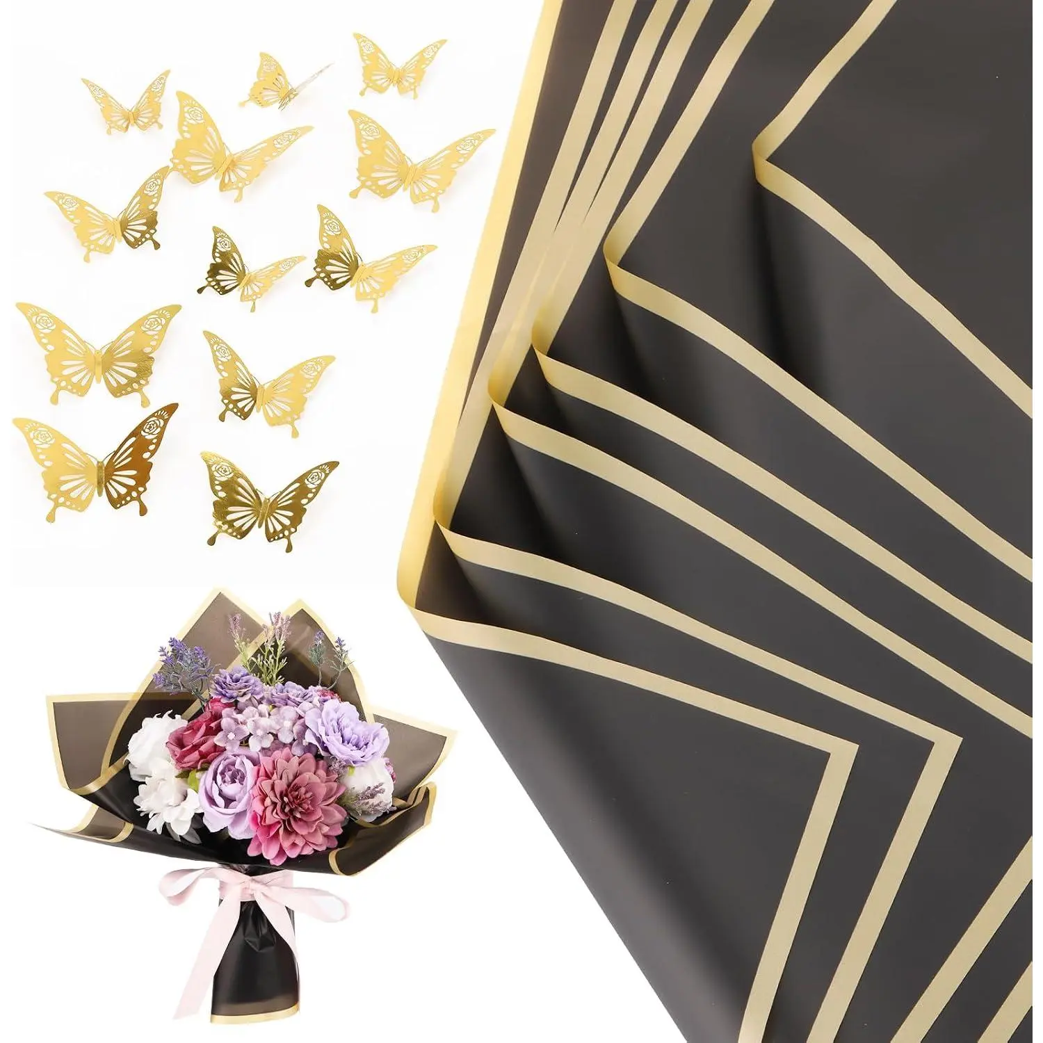 40 Sheets Flower Wrapping Paper,  Floral Paper Black Wrapping Paper for Flower Bouquet with 12 count  Butterfly