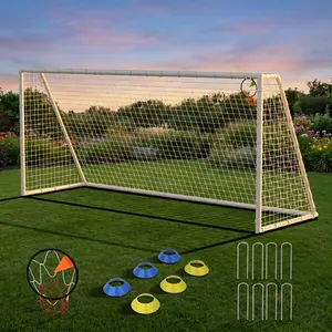 16x7 FT Large Sturdy Steel Frame Soccer Goal Net - Heavy Duty Portable Kids Soccer Training Equipment with High-Strength Nets, Ground Stakes, Cones, Bluey/Spiderman/Marvel Themed Hopper Ball for Youth Players