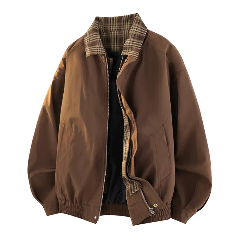 Men's Plaid Collared Long Sleeve Bomber Jacket - Zip Up, Elastic Ribbed Hem, Diagonal Seam Pockets, Oversized Drop Shoulder, Lightweight Windproof Fabric, Vintage Retro Casual Coats Tops for Spring & Fall, Machine Wash, Comfortable, Polyester, Menswear