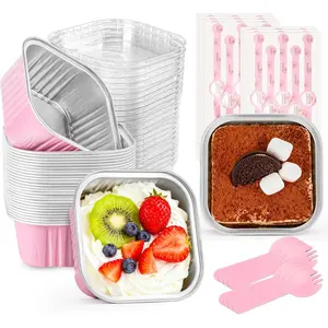 60 Pack Mini Cake Pans with Lids Foil Pans Square Aluminum Pans with Lids Cupcake Liners for Birthday Wedding (Pink, 5 oz)