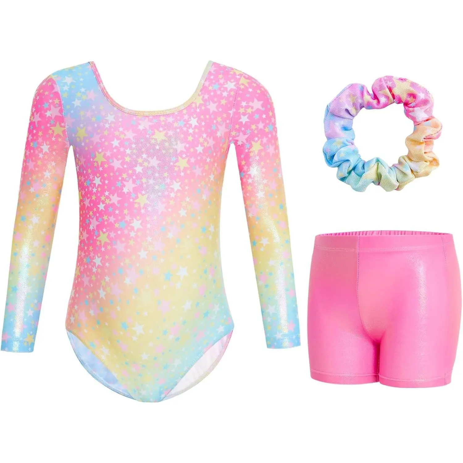 Girls Long Sleeve 3 Pcs Gymnastics Leotard Set with Shorts | Sparkly rhinestone, gymnastics leotard set with shorts and hairband, for girls ages 3-12, tumbling, dance leotard, unitards