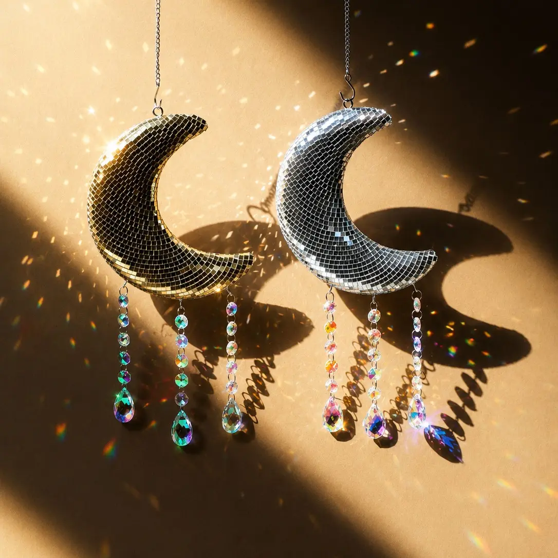 Sparkling Disco Moon Suncatcher, Crystal Prism Rainbow Maker for Window, Hanging Celestial Room Decor Accessories for Bedroom, Dorm & Gifts, Hanging Ornaments, Creative Home Decor
