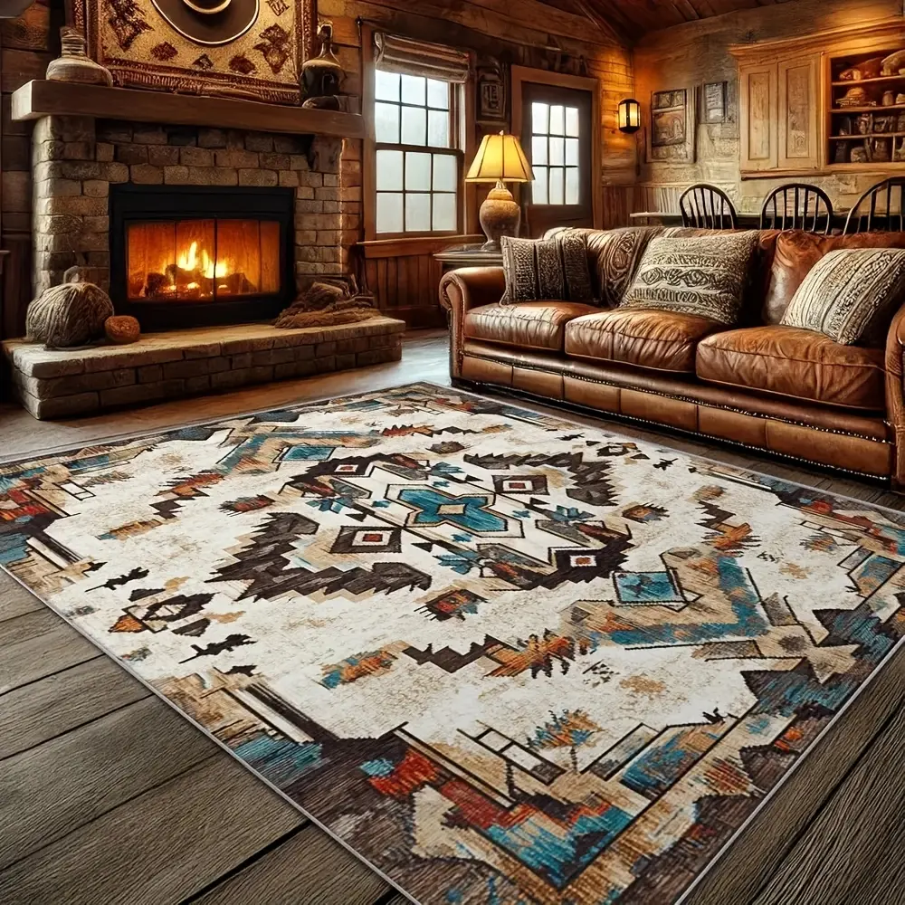 Veluma Polyester Large Southwest Tribal Rug - Aztec Turquoise, Brown, Beige, Rubber Backing, Jumbo Sizes, Soft Floor Mat for Living Rooms, Vintage Decor, Machine Washable