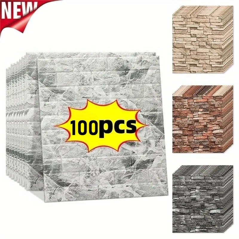 100pcs Self-Adhesive Brick Pattern Wallpaper, Easy Peel & Stick, Washable, Cuttable, for Kitchen Living Room Bathroom Hallway, 3mm Thick, 38cmx35cm, Bathroom Peel And Stick Wallpaper