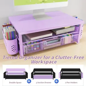 2-Tier Monitor & Laptop Stand Desk Organizer with Storage Shelf, Pen Holders - - Space-Saving Computer Holder Suitable for Office, Work Organizer, Desk Accessories for Notebooks, Stationery, Post- Notes, Laptop Desk Organizer