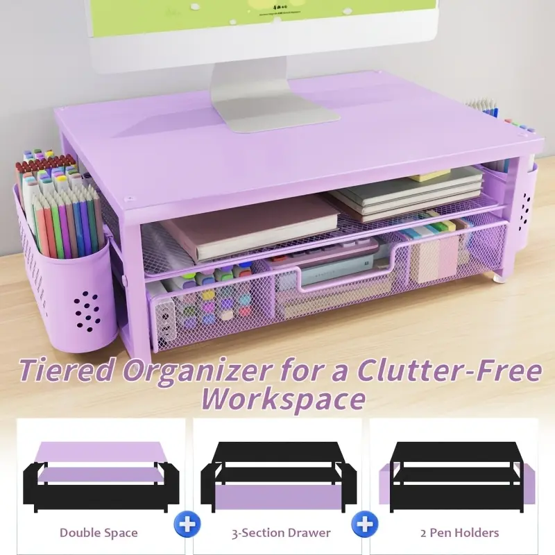 2-Tier Monitor & Laptop Stand Desk Organizer with Storage Shelf, Pen Holders, Space-Saving Computer Holder Suitable for Office, Desk Accessories for Notebooks, Stationery, Sticky Notes, Laptop Desk Organizer