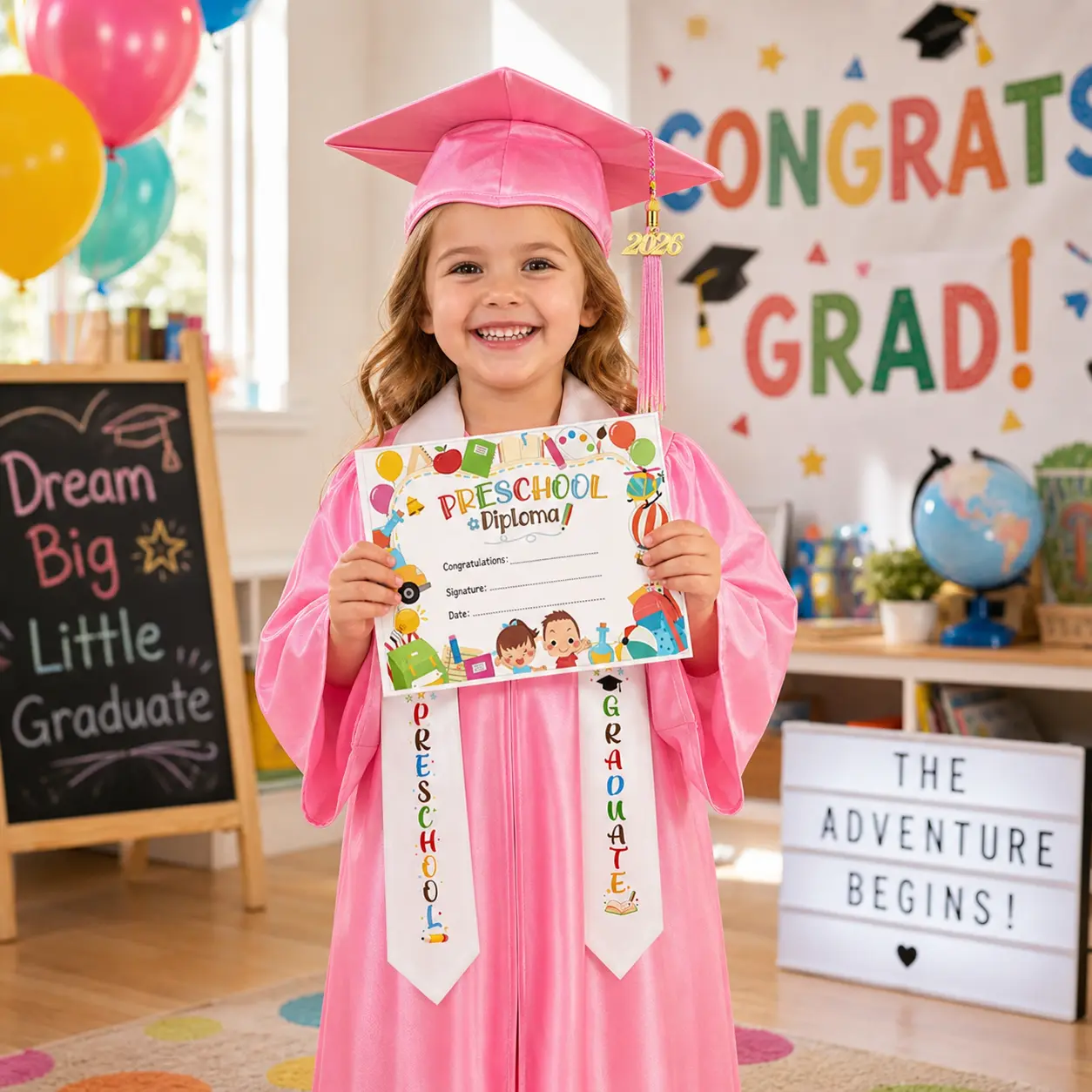 Graduation Gown Cap Set for Kids, Fresh Sweet Polyester Robe with Printed Stole, 4-Piece All Seasons Kit for Toddler Preschool Ceremony, Polyester Clothes, Tassel