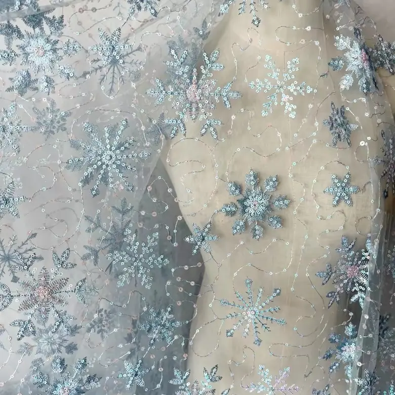 Blue snowflake sequin-embroidered mesh fabric - sheer tulle cloth for DIY crafts, wedding dress decoration, costume making