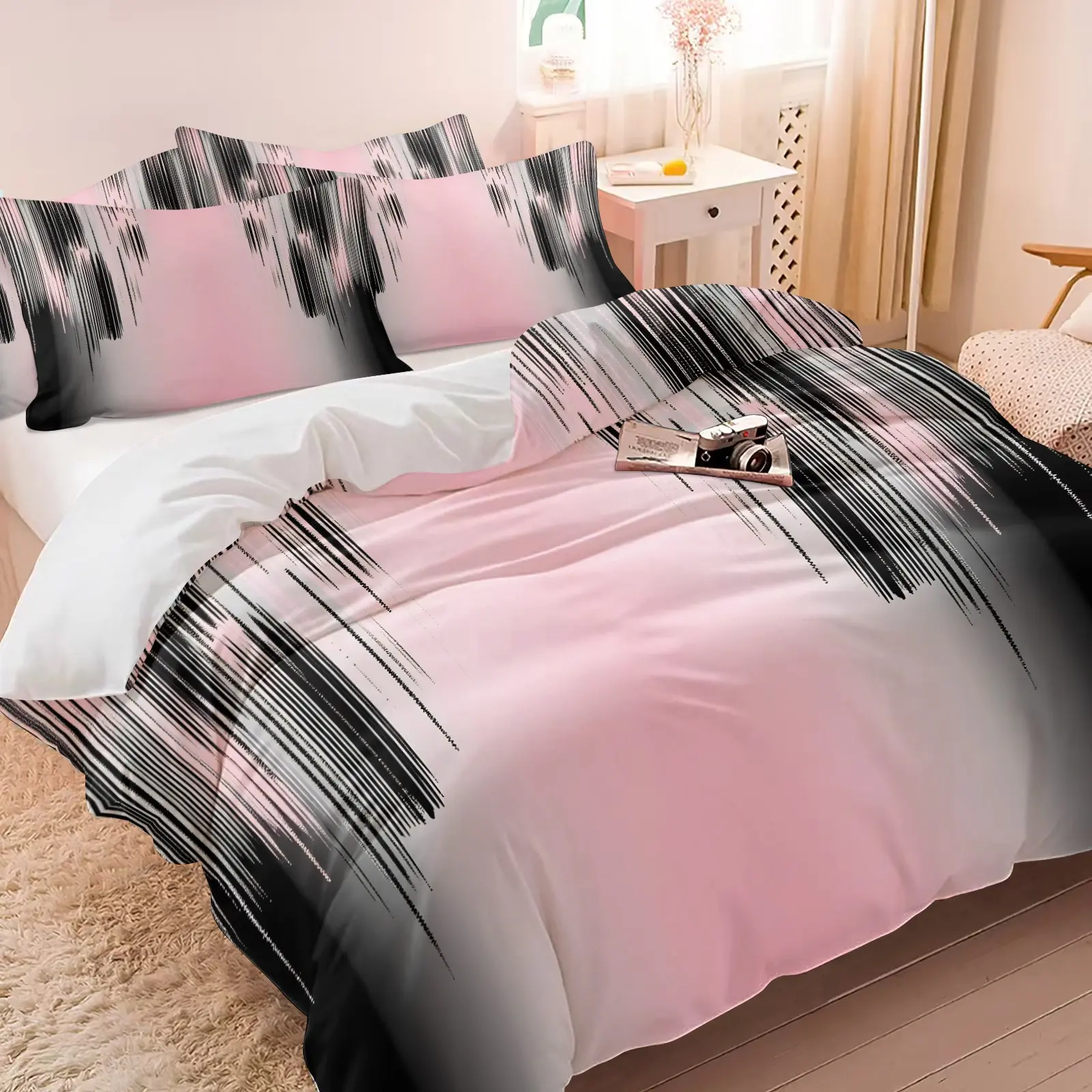 Pink Black Gradient Brush Stroke Print Duvet Cover Set, 1 Duvet Cover & 1/2 Pillowcases No Filling, Abstract Modern Art Bedding Set, Soft Microfiber, Aesthetic Gift for Women Teen Bedroom Dorm Decor