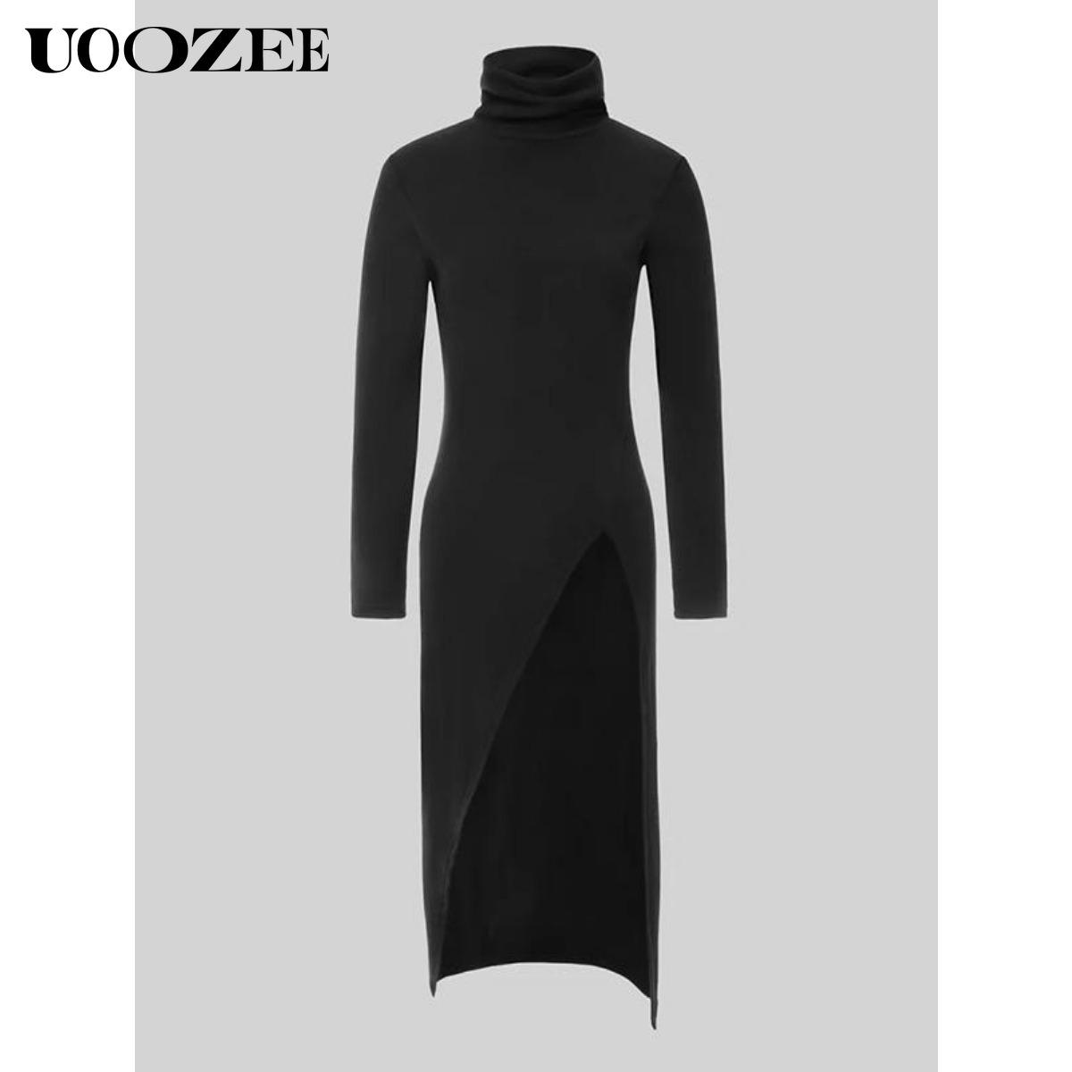 UOOZEE Women's simple tight solid color split high collar long sleeve knitted top, elegant casual, with a strong sense of design, elastic and comfortable fabric, suitable for daily leisure and commuting fall clothing women office outfits