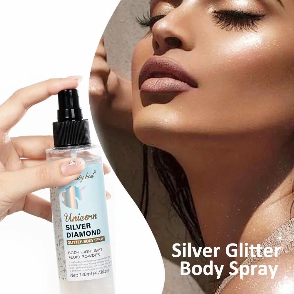 Silver Color Shimmer Hydrating Body Mist, Glittering Glossy Body Spray, Moisturizing Formula, Radiant Skin Glow, 140ML