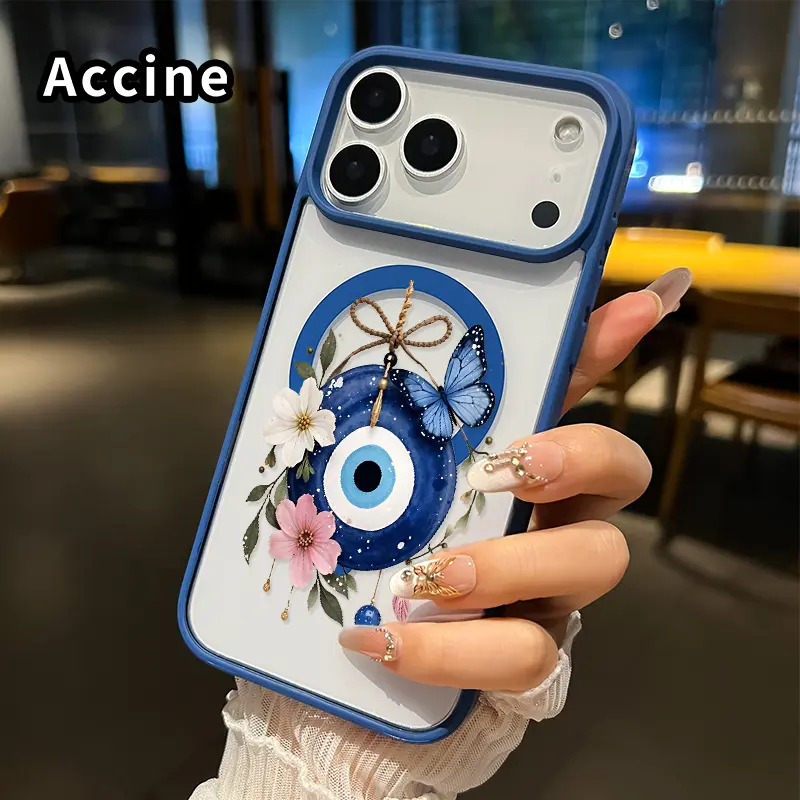 Magnetic Smartphone Casing for iPhone 17,16 Pro Max Plus,15,14,13,12,11,Air - Evil-Eye with Blooms Pattern, Anti-Yellowing, Shockproof, Ultra-Thin Silicone Crystal Transparent Acrylic Cover for Handheld Cellphone Devices, Supports Wireless Charging, Acces