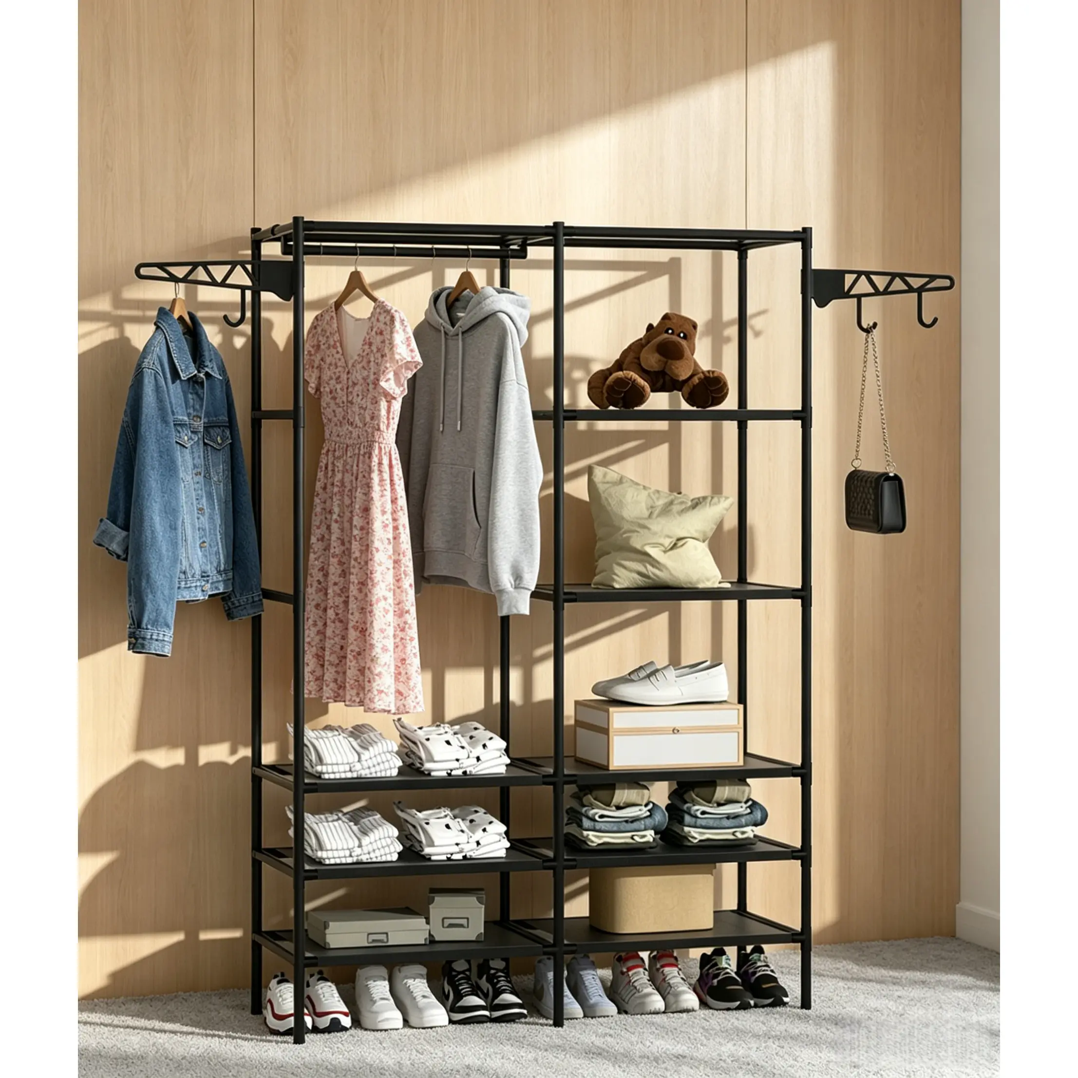 [HUOMAQFAN] Portable Rectangle Heavy Duty Freestanding Wardrobe Closet - 68.1x42.1x14.2 in, 2-Section Home Organizer, 3-Layer Storage, Clothing Hanging Rack, 360° Rotatable Hooks, 20-25 Kg Load Capacity, Assembly Required, Small Room Organization Products