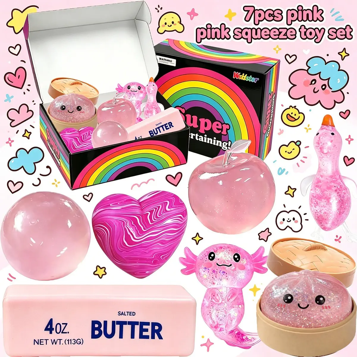 7 Pack Pink Series Glitter Squeeze Stress Relief Toys, Soft Portable Sensory Fidget Balls, Apple Round Ball Swirl Heart Butter Stick Bun Salamander Duck Squishy Toys, Ideal Birthday & Party Gifts for Kids Adults Anxiety Relief